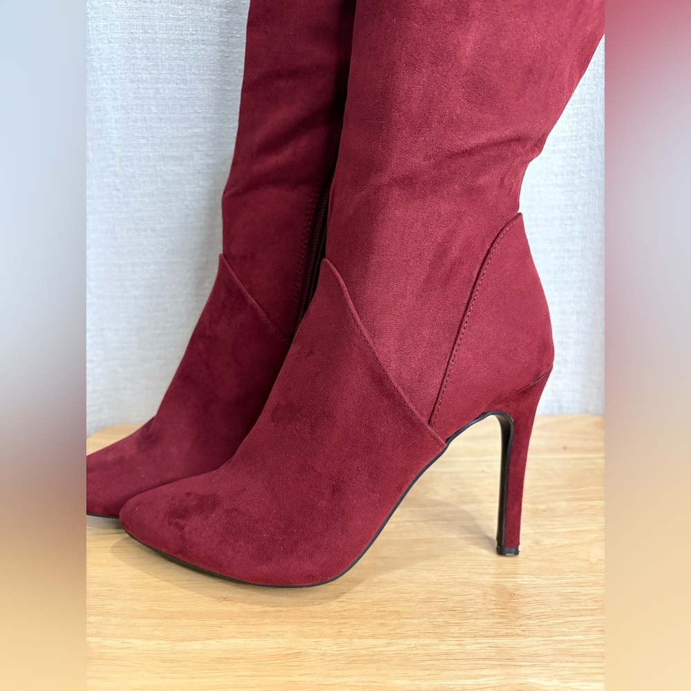 Burgundy Heeled Boots Faux Suede